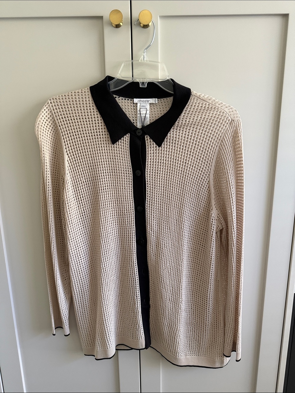 Chico's Beige Open-Weave Cardigan with Black Collar and Placket